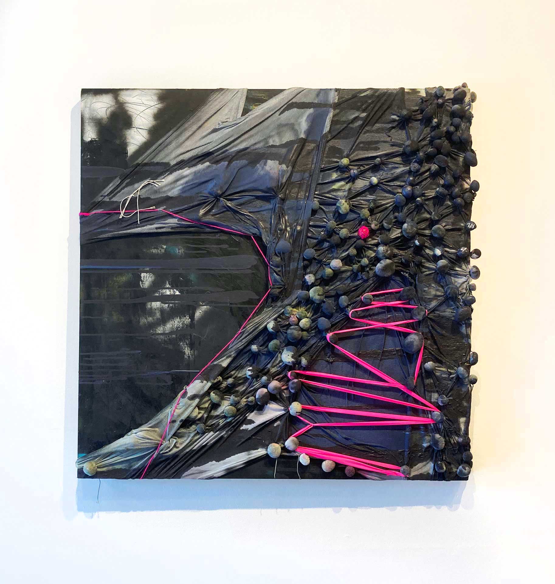 Still There, acrylic and fabric work by Elizabeth Rennie and Heather Baumbach. Submerge Bells Gallery 2023