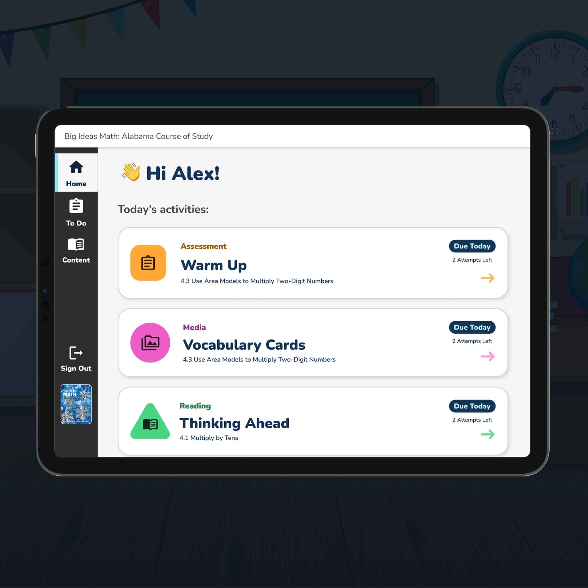 K5 Student UI, Home page on iPad