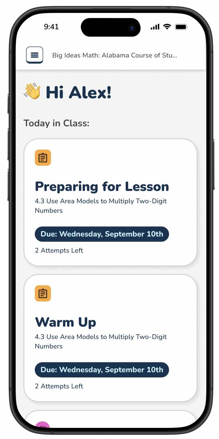 User interface mockups for a K–5 learning platform, showing menu icons, a versioned library list, and colorful assignment cards with labels like “Warm Up,” “Vocabulary Cards,” and “Homework and Practice.” Cards display chapter numbers, due dates, and subject-specific icons.