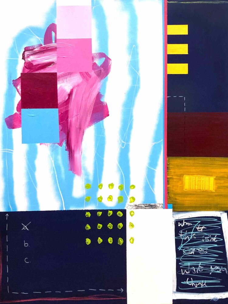 Abstract mixed media painting with pink gestural brushstrokes, geometric color blocks in navy, yellow, and maroon, and handwritten text elements on canvas