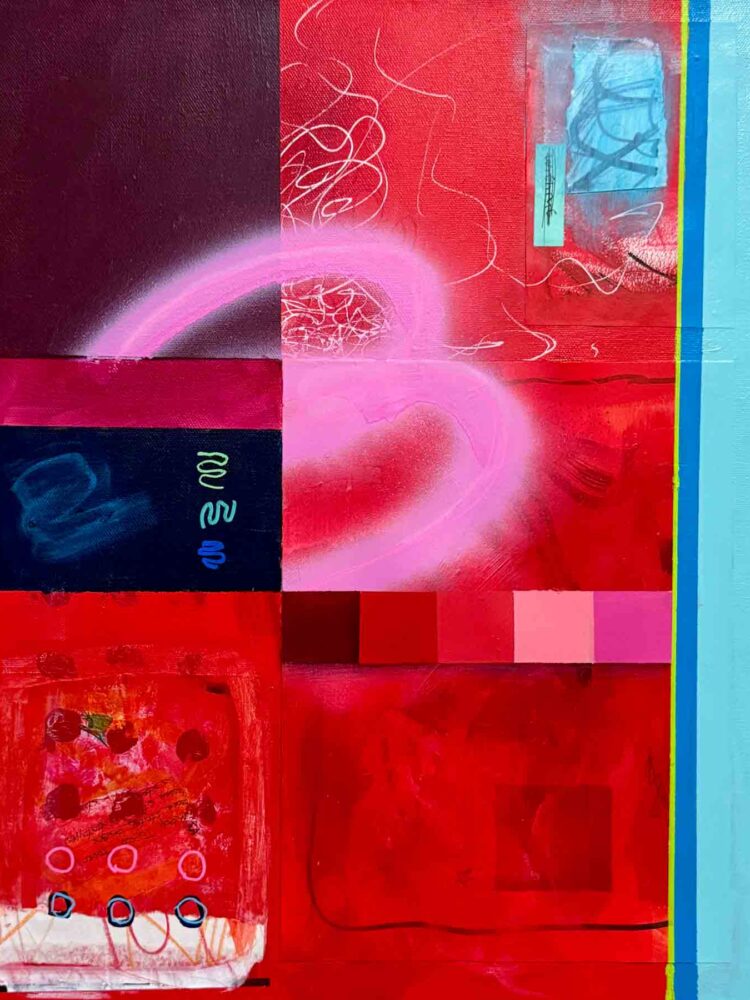 Here's the alt text for **without 22.36.02.21.26**: --- "Without 22.36.02.21.26" by Elizabeth Rennie. Mixed media and collage on canvas, 16×20 inches, 2026. An abstract composition dominated by deep crimson and burgundy, with a sweeping hot pink arc sprayed across the upper center, glowing against the dark red field. The canvas is divided into bold geometric zones — a near-black rectangle anchors the left middle, containing loose teal script marks and a dark blue rectangular form. In the upper left, a deep maroon block contrasts with the vivid red. A small collaged panel in the lower left holds layered marks, pink and blue circles, and orange linework on a pale ground. To the upper right, a collaged fragment of blue crosshatching sits beneath a mint green accent piece. Along the far right edge, a bold vertical stripe of sky blue is flanked by a narrow line of chartreuse yellow. Two pink and salmon color swatches punctuate the mid-right. Scattered white gestural lines and looping scribbles animate the red field, suggesting energy, absence, and layered time.