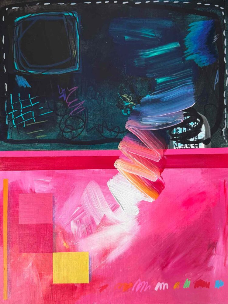 An abstract mixed media painting divided horizontally into two contrasting fields. The upper half is dark teal and black, filled with layered gestural marks including cyan grid lines, looping scribbles, and a outlined square. The lower half is vivid hot pink, with a coral and rose cross shape in the lower left and a bright yellow rectangle. A bold magenta band separates the two halves. A dynamic spiral of brushstrokes in blue, lavender, orange, peach, and white sweeps diagonally from the upper right through the center and into the lower field, connecting the two halves. Small colorful marks run along the bottom edge. A dashed white border frames the entire composition.